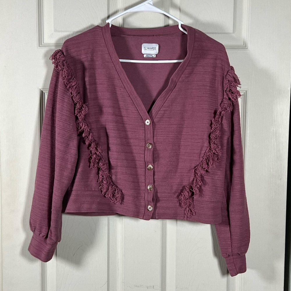 Saylor (@ Anthropologie ) Mauve / Burgundy Cropped Sweater with Fringe Detail